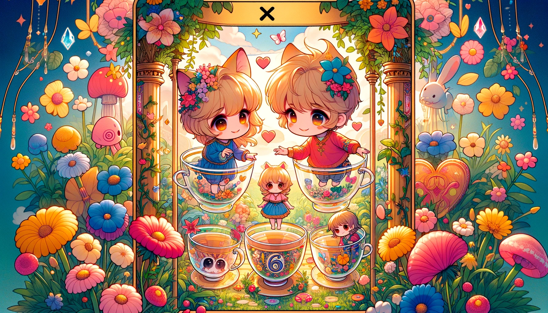A chibi style illustration of the Six of Cups tarot card capturing the themes of childhood nostalgia and emotional connection. The image features ado