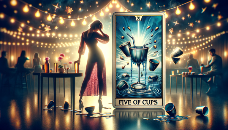A conceptual and symbolic representation of the Five of Cups tarot card. The image portrays a modern vibrant party scene where a central character i