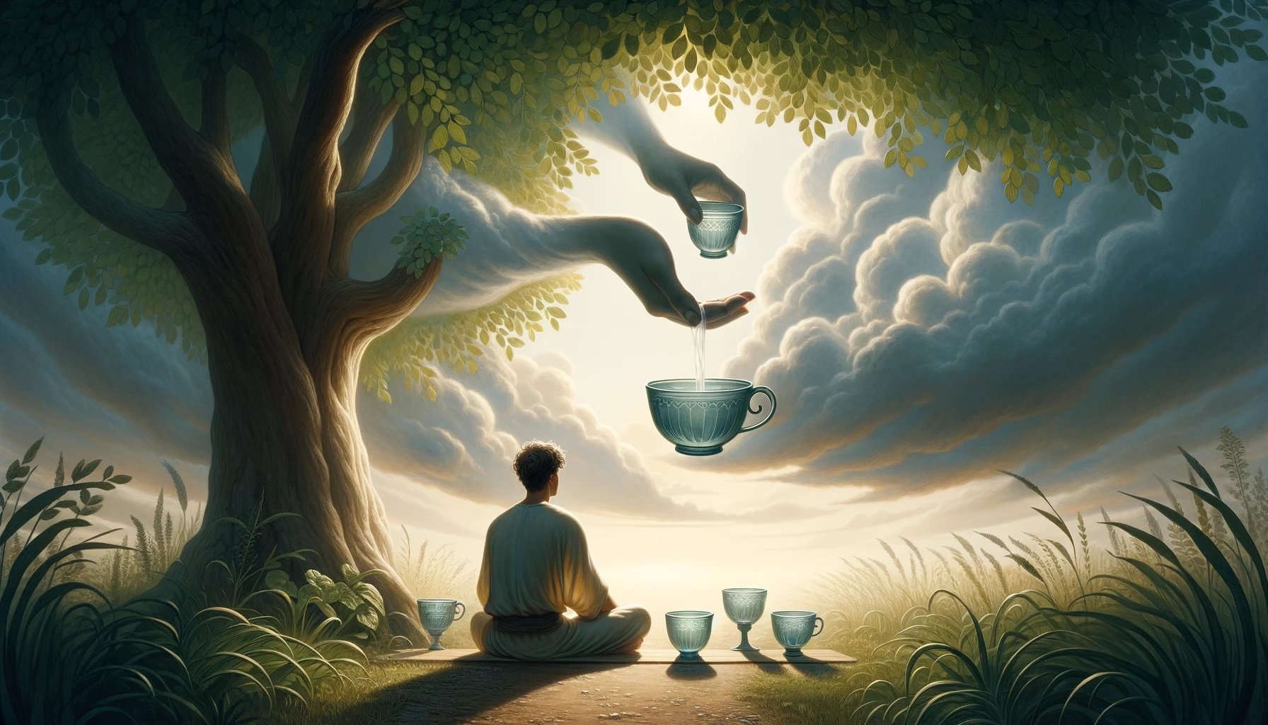 A contemplative individual sitting under a lush leafy tree. They are surrounded by three cups each brimming with water. Above them a mysterious han