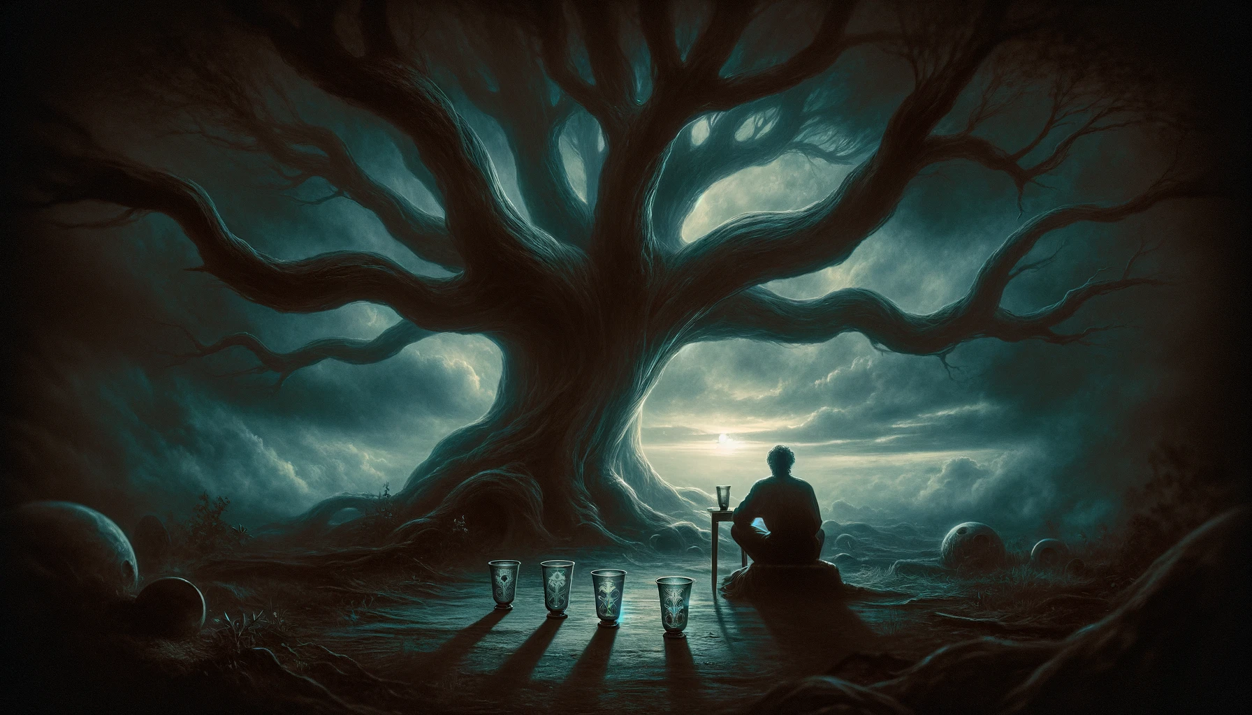 A dramatic representation of the Four of Cups tarot card A solitary contemplative figure sits under a large gnarled tree in a dimly lit moody sett