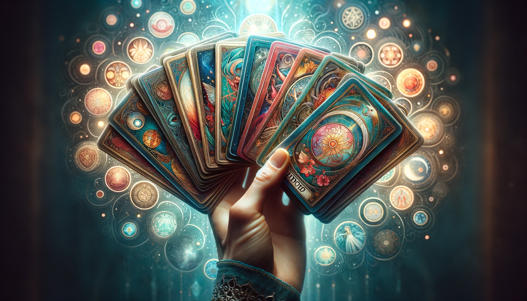 A hand gently holds a variety of vibrant intricately designed tarot cards showcasing their rich colors and detailed artwork. Each card is unique wi
