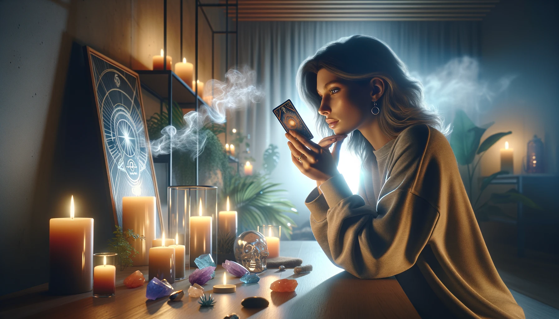 A highly realistic 169 image showcasing a person in a modern serene bohemian home setting The person is deeply engaged in introspection while holding a tarot card with their face softl