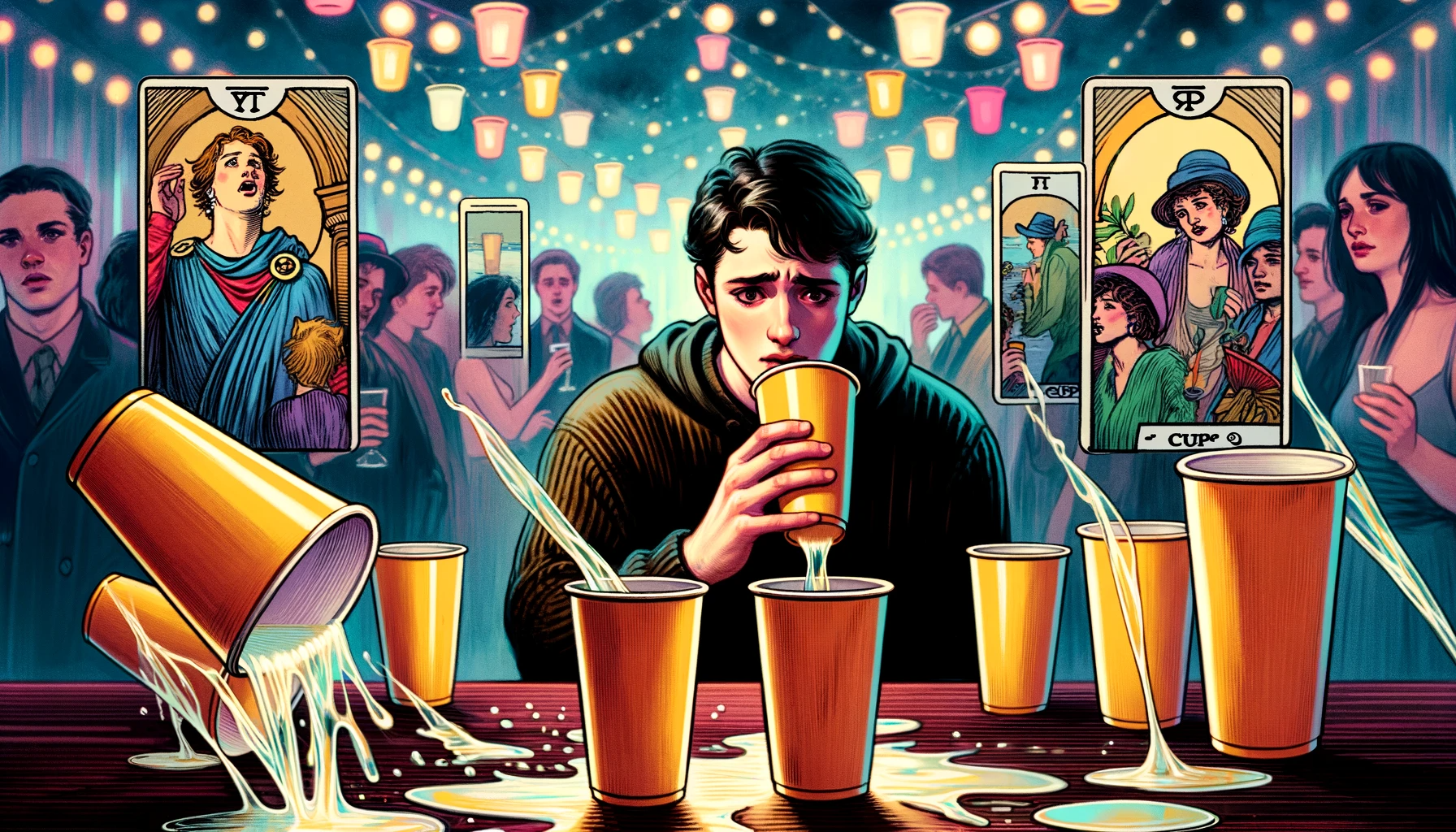 A person at a party depicted with a mixed expression of surprise and disappointment accidentally spilling their drink. The party scene is lively bu