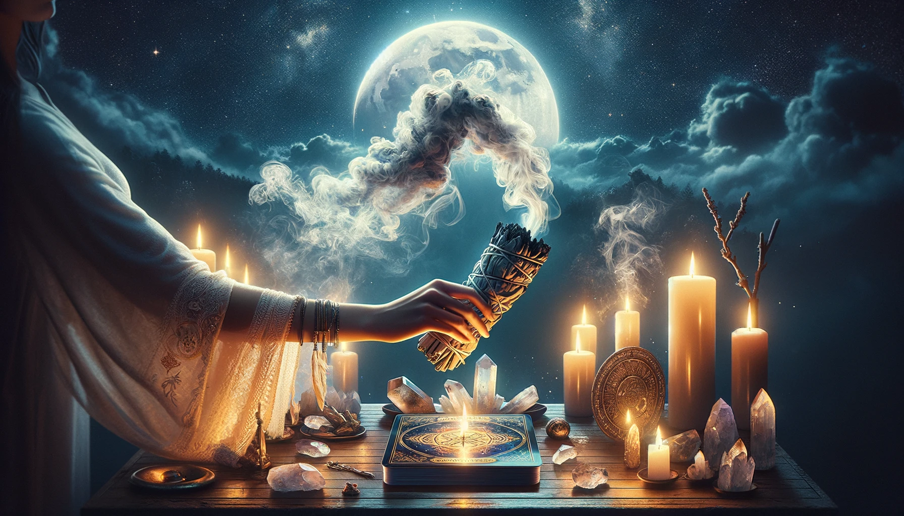 A person is visualized anointing a tarot deck with wafting sage smoke a ritualistic and serene act. They are carefully waving a burning sage bundle o