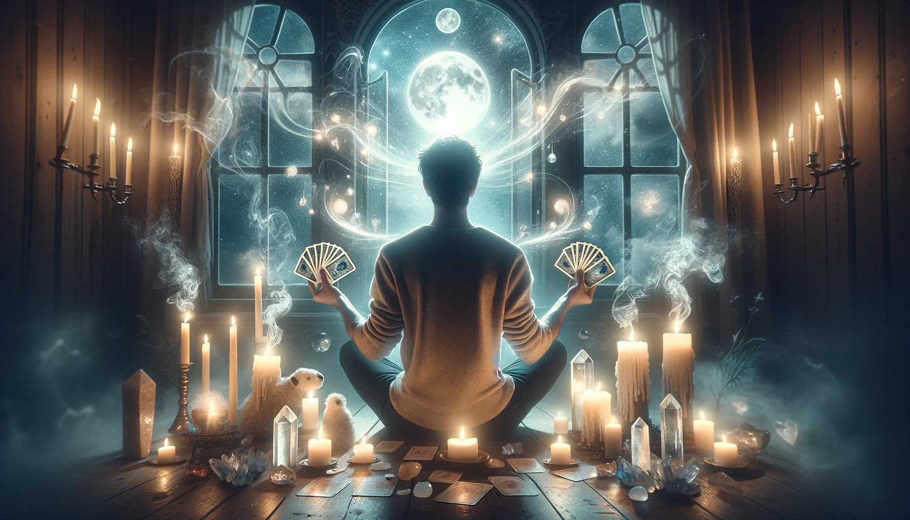 A person sits in a meditative pose holding tarot cards with reverence and focus. They are surrounded by an array of candles casting a soft flickerin