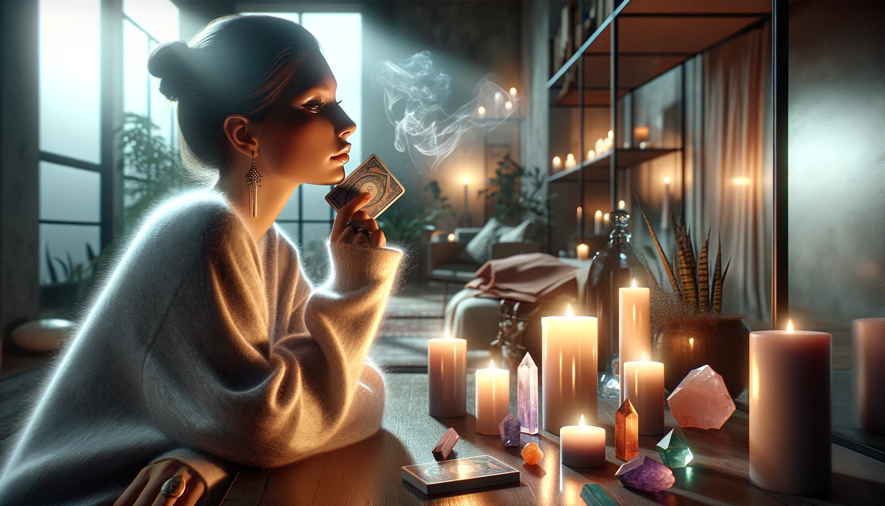 A photorealistic 169 image depicting a person in a modern serene bohemian home setting The person is introspectively holding a tarot card with their face gently illuminated by reflecti