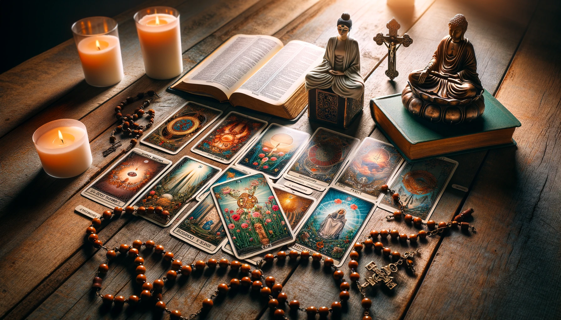 A serene Tarot card spread is displayed on a rustic wooden table creating a setting that blends spirituality and tradition. The cards are laid out in