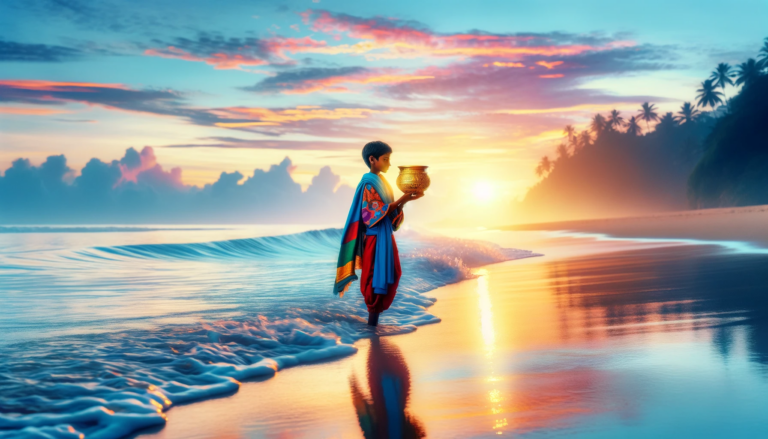 A serene beach at sunrise where gentle waves caress the shore. A young figure in vibrant attire stands ankle deep in the water cupping a golden chal