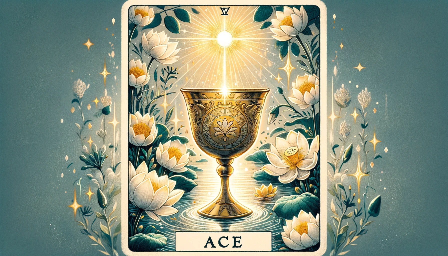 A serene handillustrated Ace of Cups tarot card featuring a golden chalice overflowing with sparkling water The chalice is surrounded by blooming lotus flowers embodying emotional fulf
