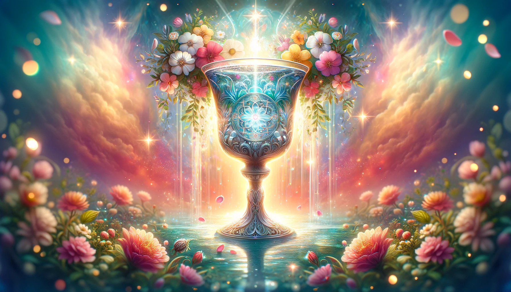 A serene scene depicting the Ace of Cups tarot card The central focus is an overflowing chalice intricately designed and adorned with blooming flowers The chalice is filled with clear