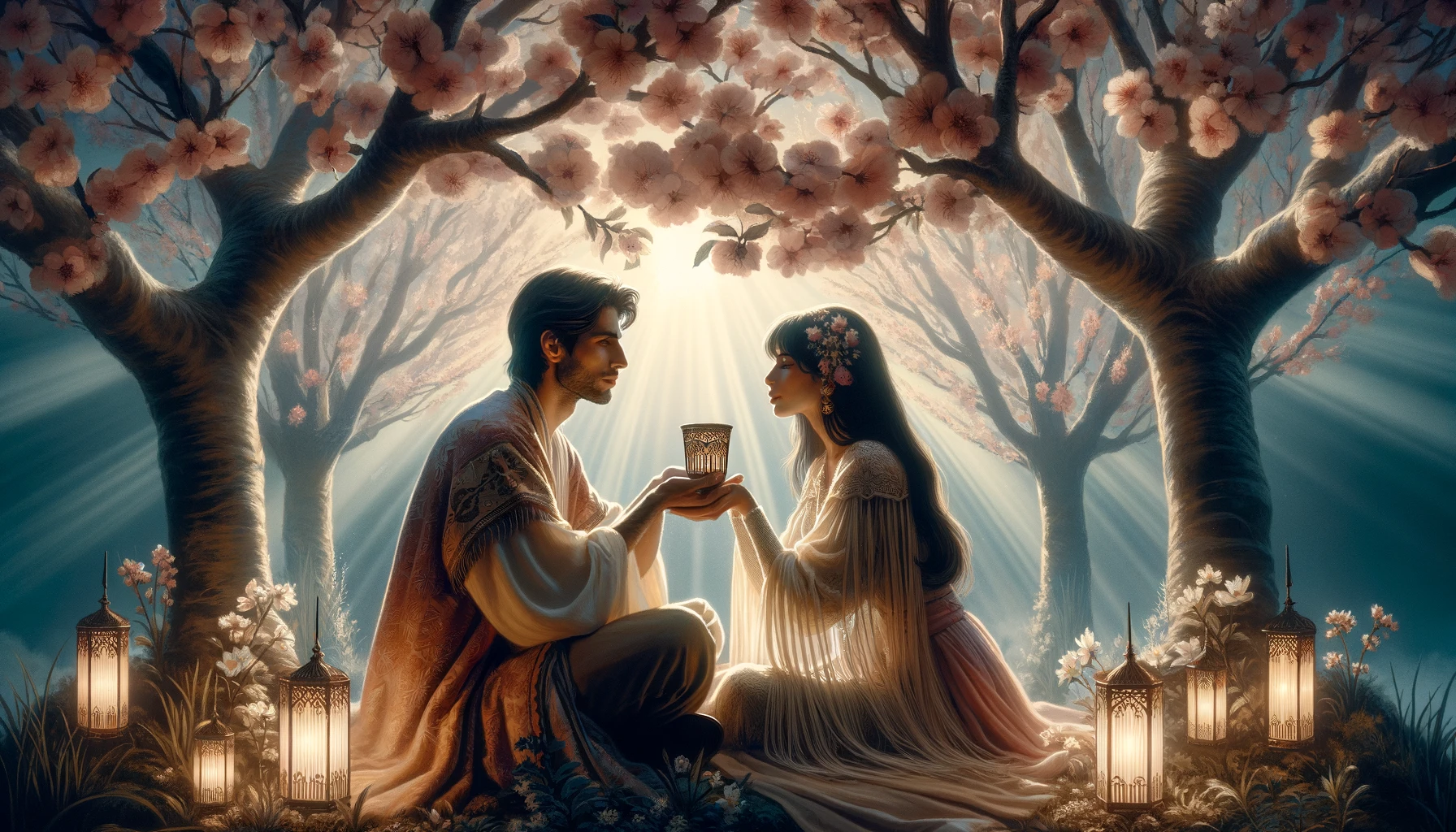 A serene setting portraying the harmonious union and emotional connection from the Two of Cups tarot card. A couple sits under a blooming tree their