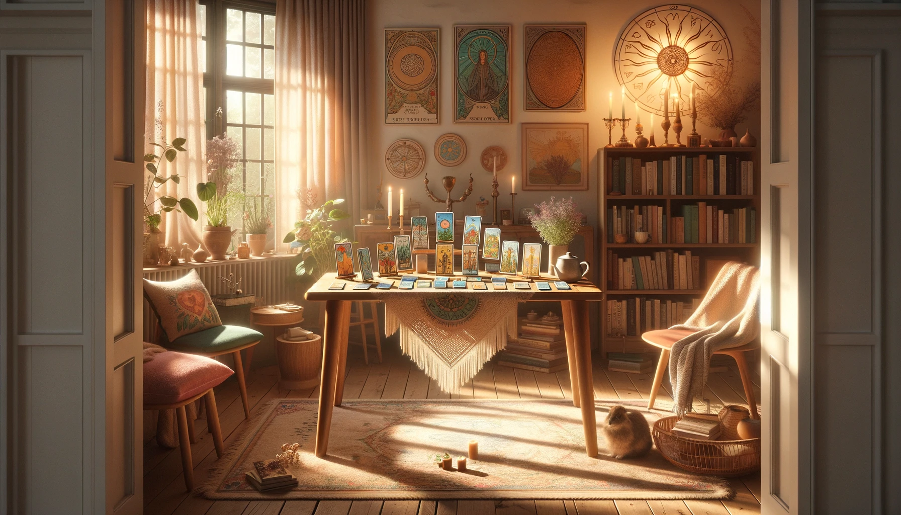 A serene sunlit room bathed in warm natural light sets the stage for a peaceful and welcoming atmosphere. In the center a wooden table is adorned