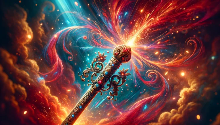 A vibrant fiery wand adorned with intricate carvings emanating sparks and radiating energy symbolizing the Ace of Wands tarot card The wand is set against a dynamic background that con