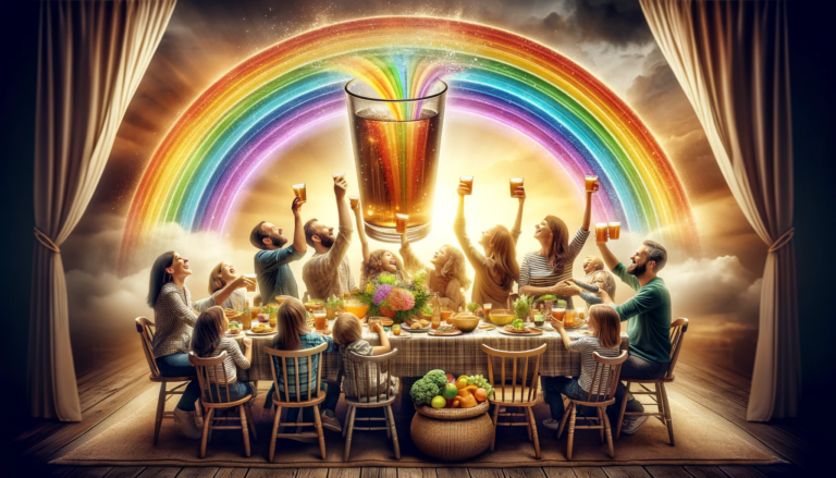 An image capturing a joyful family gathering where a large rainbow arches above a table adorned with overflowing cups symbolizing love and fulfillme