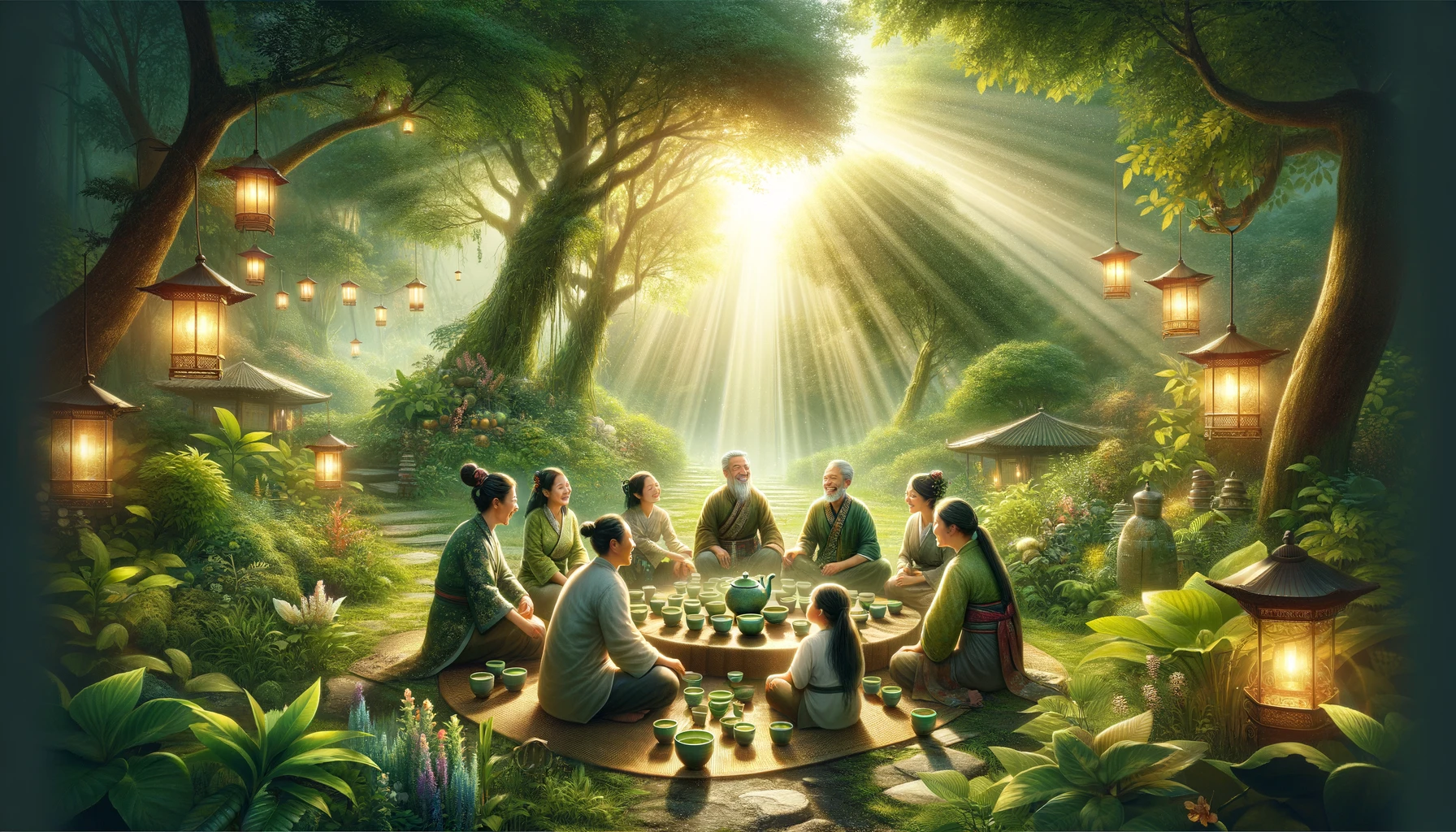An image capturing the essence of contentment and fulfillment A picturesque scene of a harmonious family gathering surrounded by lush greenery radi