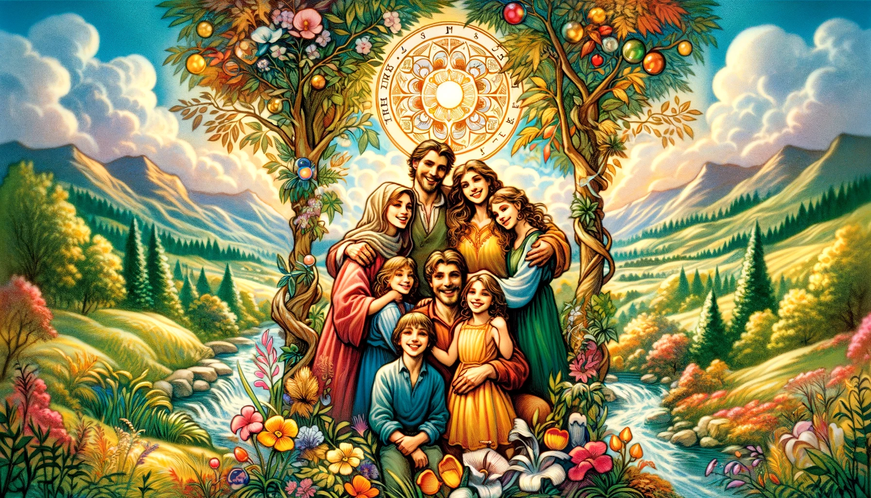 An image capturing the essence of the Ten of Cups tarot card a picturesque scene of a loving family surrounded by a lush landscape. The family is de