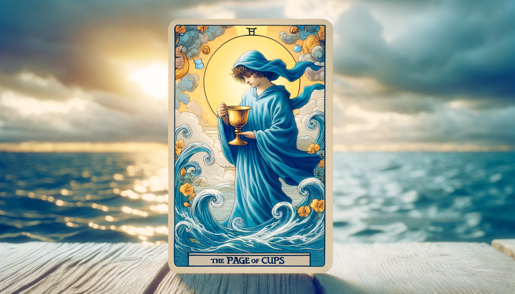 An image capturing the whimsical essence of the Page of Cups tarot card a young figure in flowing blue robes holding a golden cup standing on the e