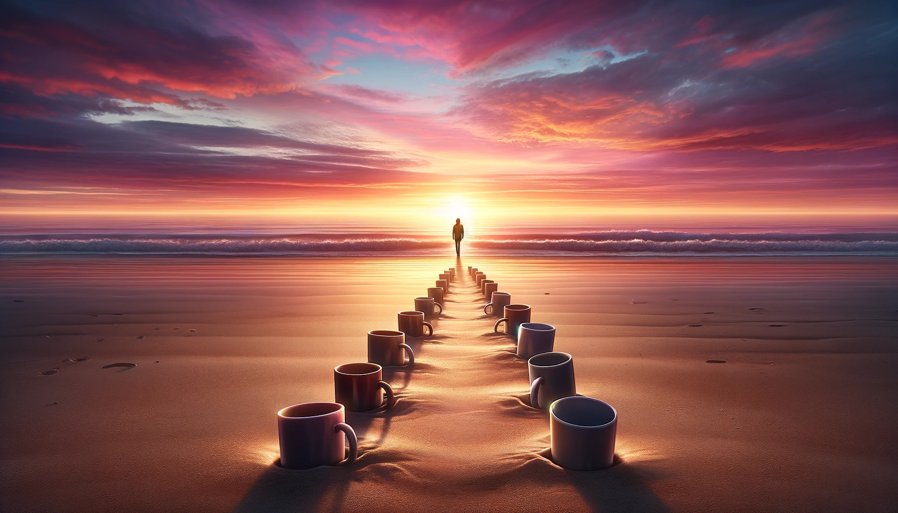 An image depicting a deserted beach at sunset with a person walking away from a row of eight cups half buried in the sand. The scene captures the bit