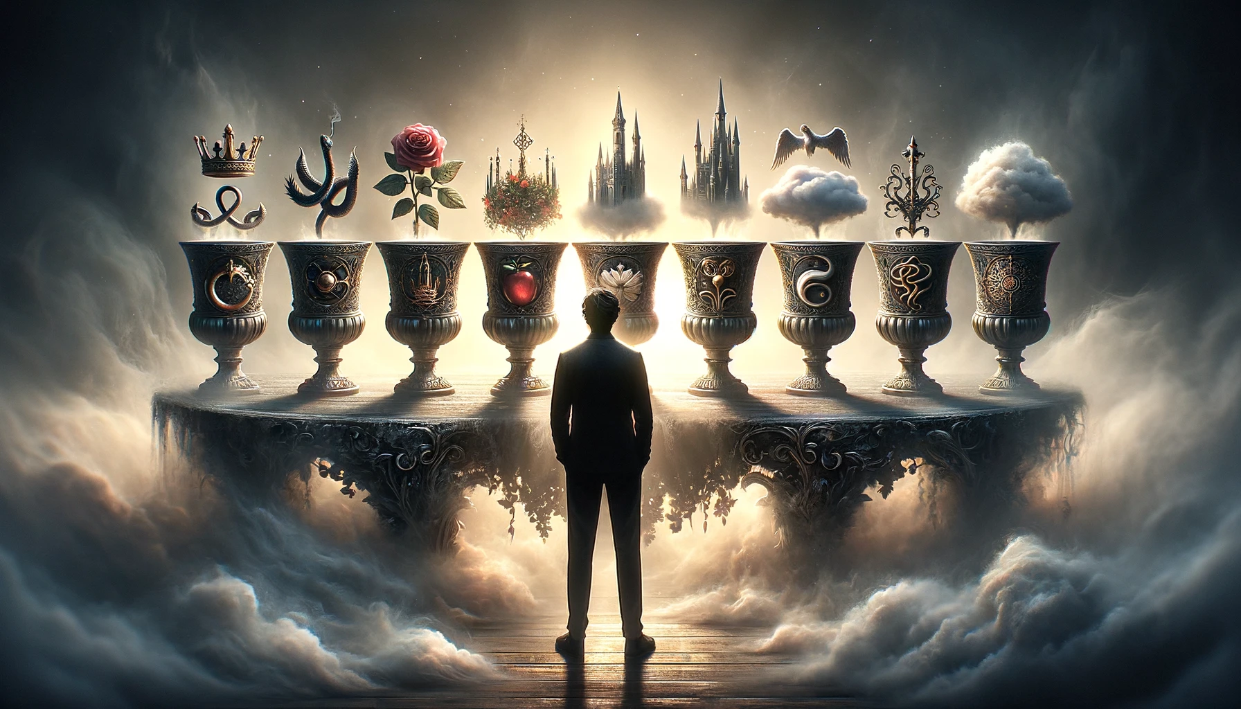 An image depicting a person standing before seven ornate cups on a mist covered table. Each cup holds a distinct symbol a crown a snake a castle a