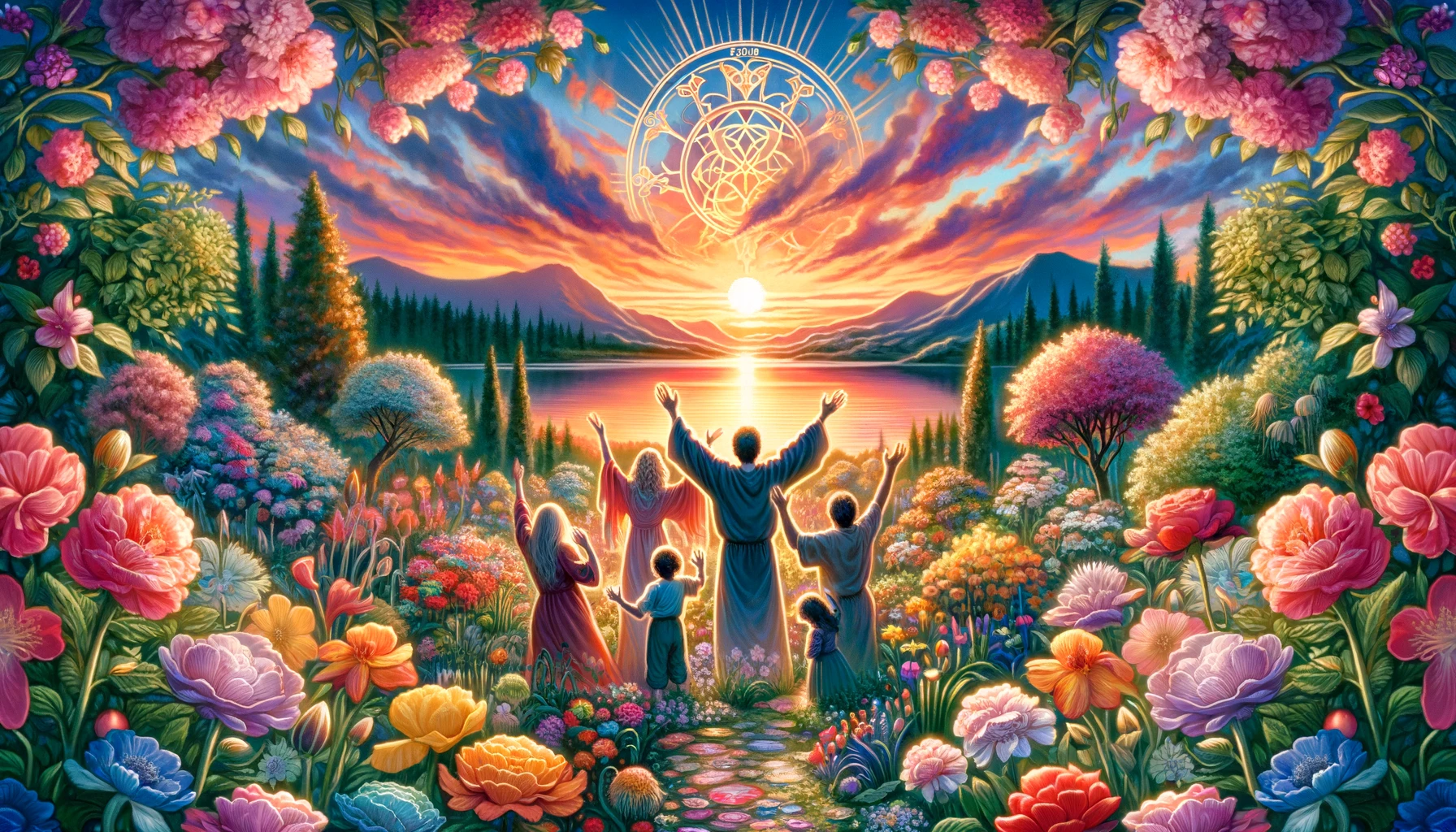An image depicting a vibrant sunset over a serene lake with a happy family rejoicing arms raised surrounded by a lush garden of blooming flowers. T