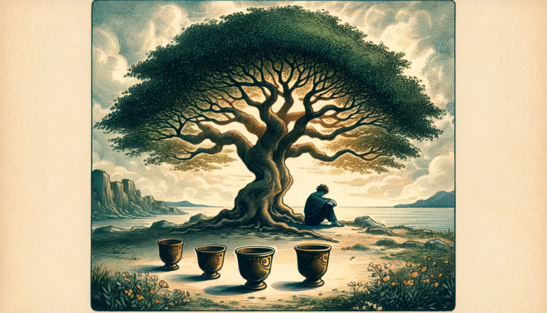 An image depicting the essence of the Four of Cups tarot card. Show a solitary figure sitting under a large leafy tree deep in contemplation. Around