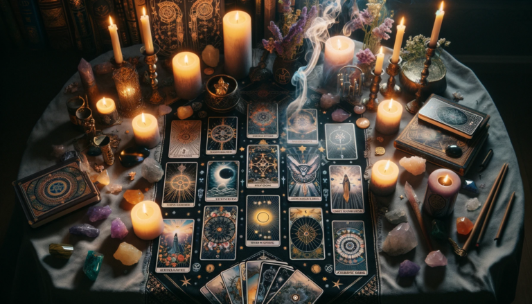 An image featuring a variety of tarot spreads neatly arranged on a mystical themed cloth. The scene includes candles crystals and subtle incense sm