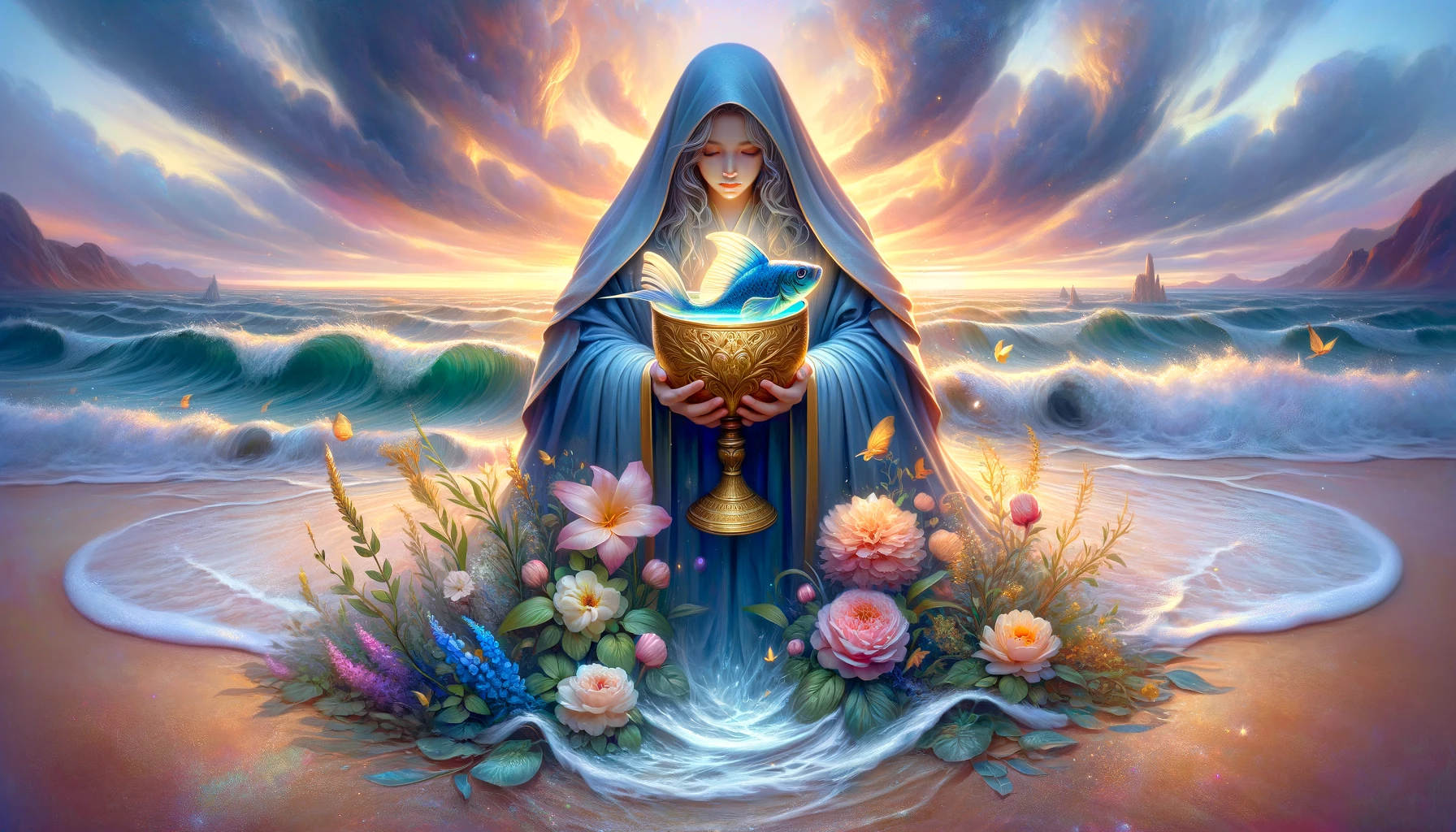 An image featuring a young person dressed in flowing blue robes holding a golden chalice with a fish swimming inside. Surround them with gentle waves