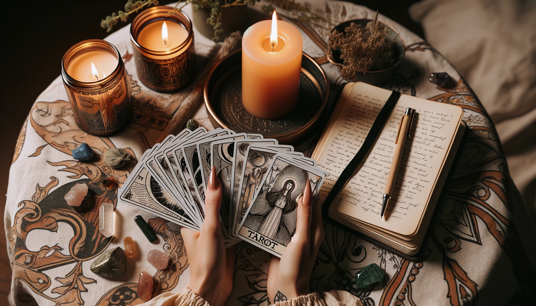 An image featuring hands holding a tarot deck the cards slightly fanned out to display their unique designs. Beside the hands a candle burns steadil