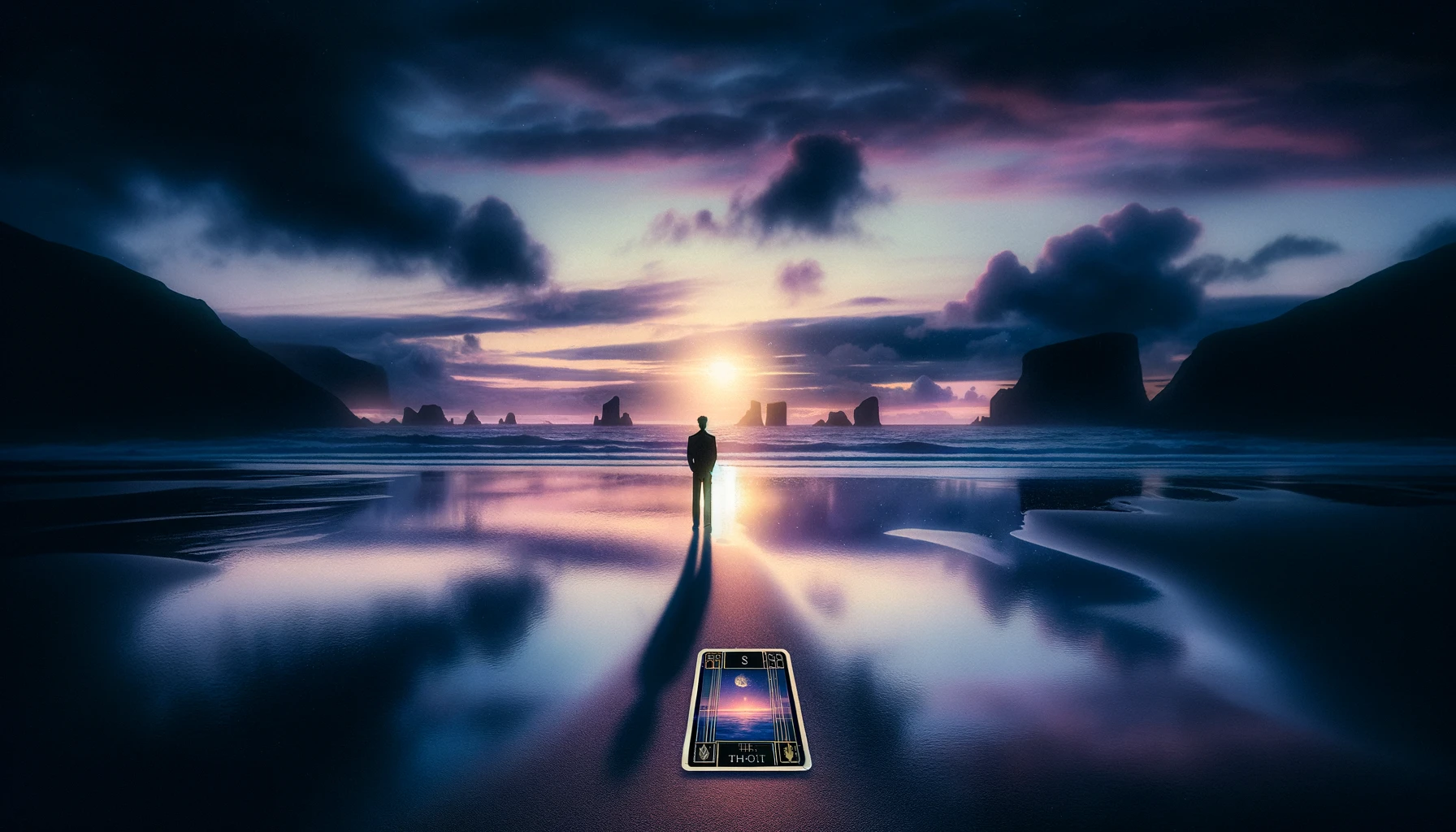An image of a desolate beach at twilight with a solitary figure standing at the waters edge. The scene captures the contemplative nature of the Eigh