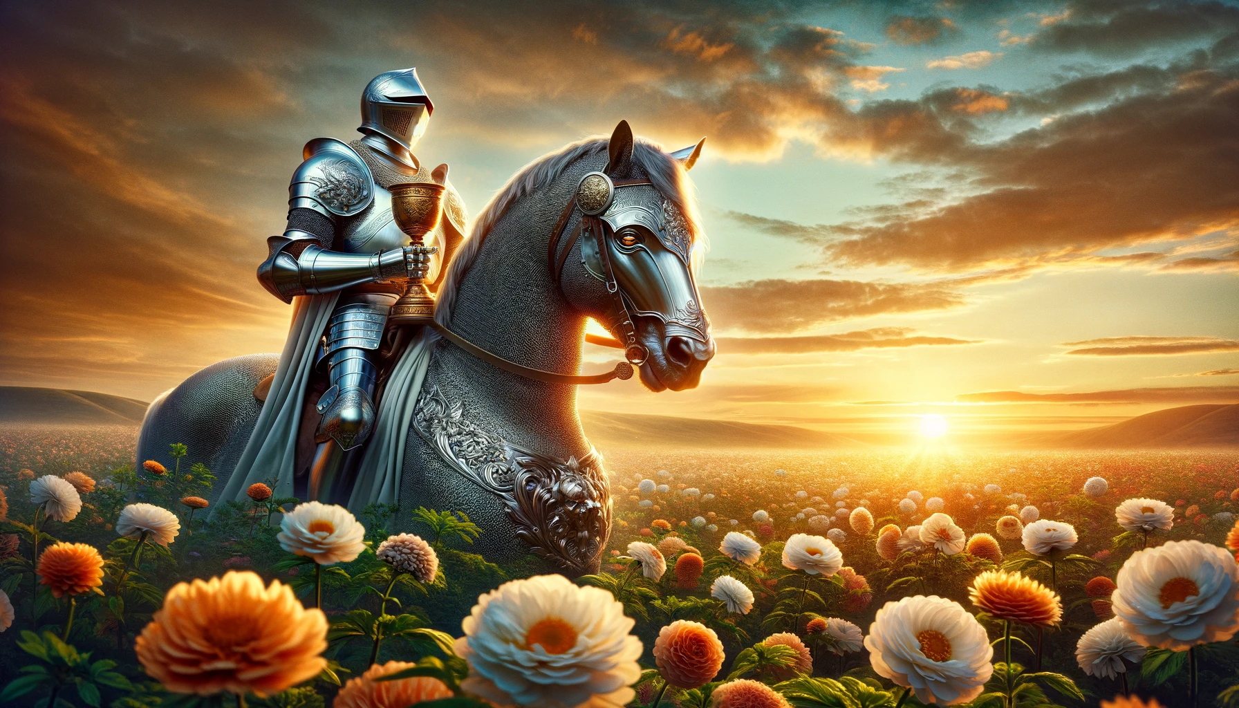 An image of a lone knight on horseback adorned in shimmering silver armor holding a golden cup. The knight is surrounded by a field of lush bloomin