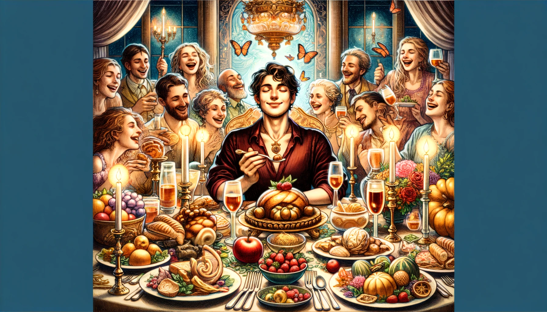 An image of a person sitting at a table adorned with a lavish spread of food and drink surrounded by joyful friends. The table is richly set with an