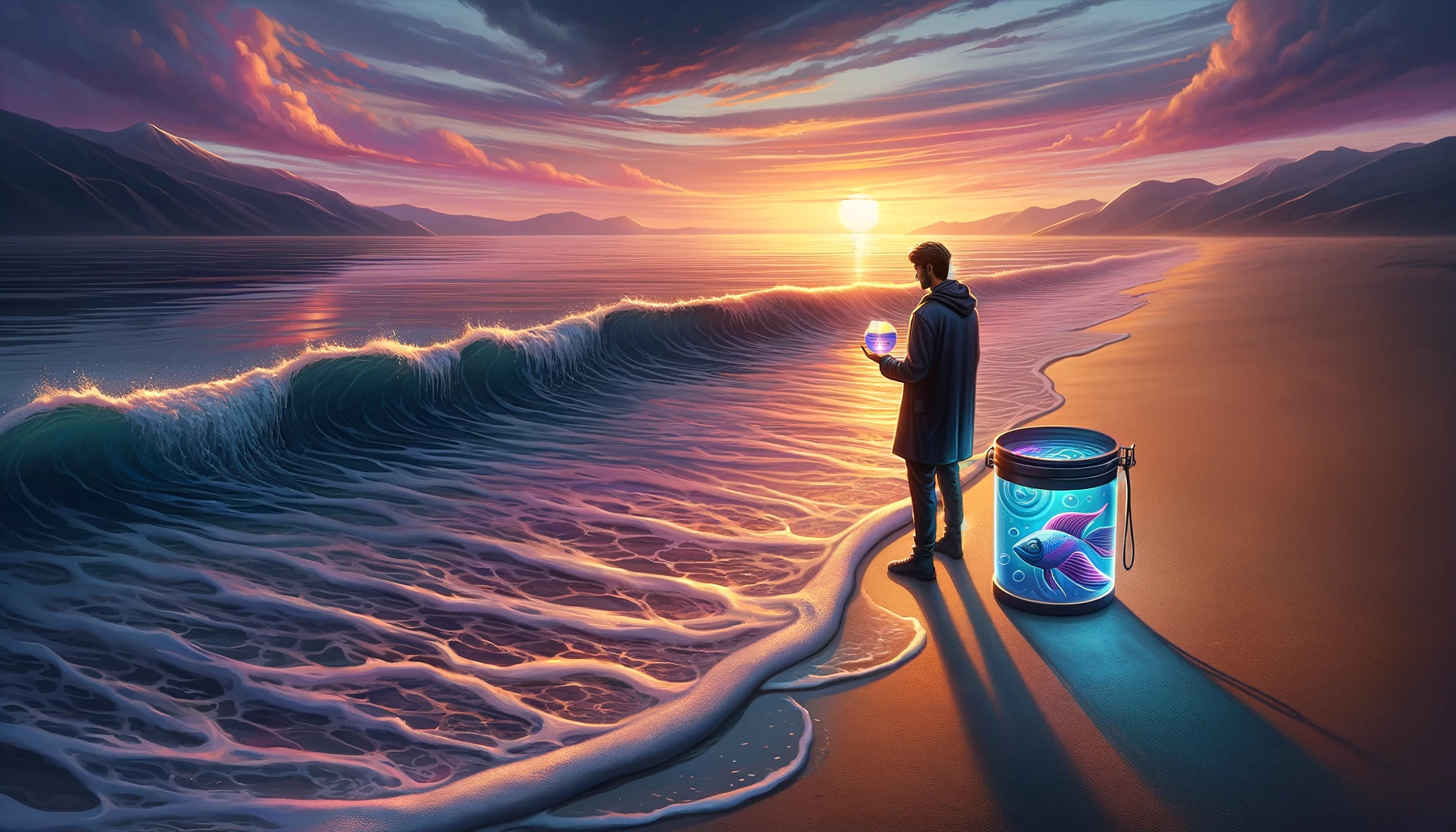 An image of a serene beach at sunset with gentle waves caressing the shore. A lone figure stands by the water holding a cup adorned with a fish moti