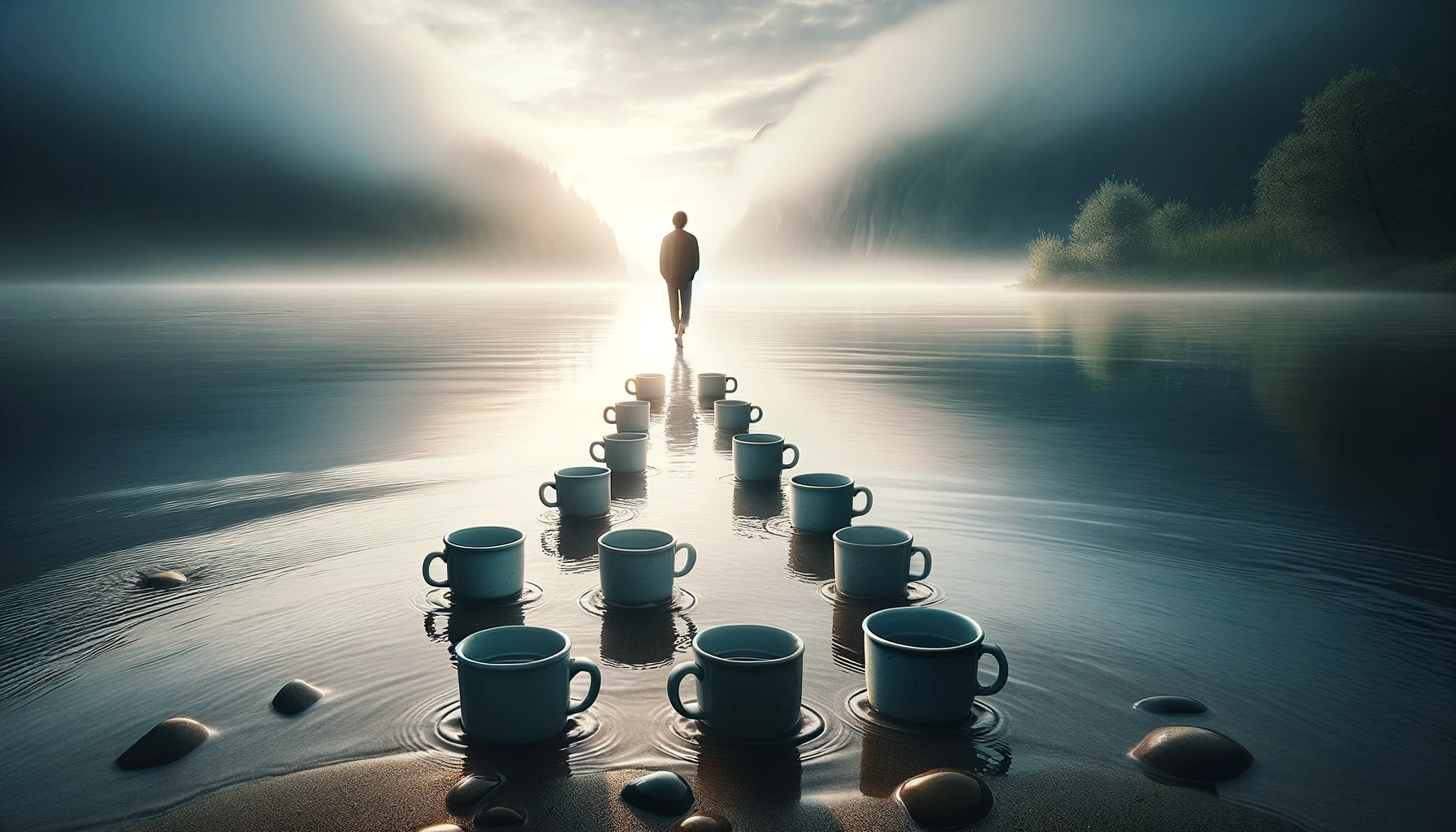 An image of a solitary figure walking away from a tranquil river leaving behind eight cups arranged neatly on the ground. The scene symbolizes a sens