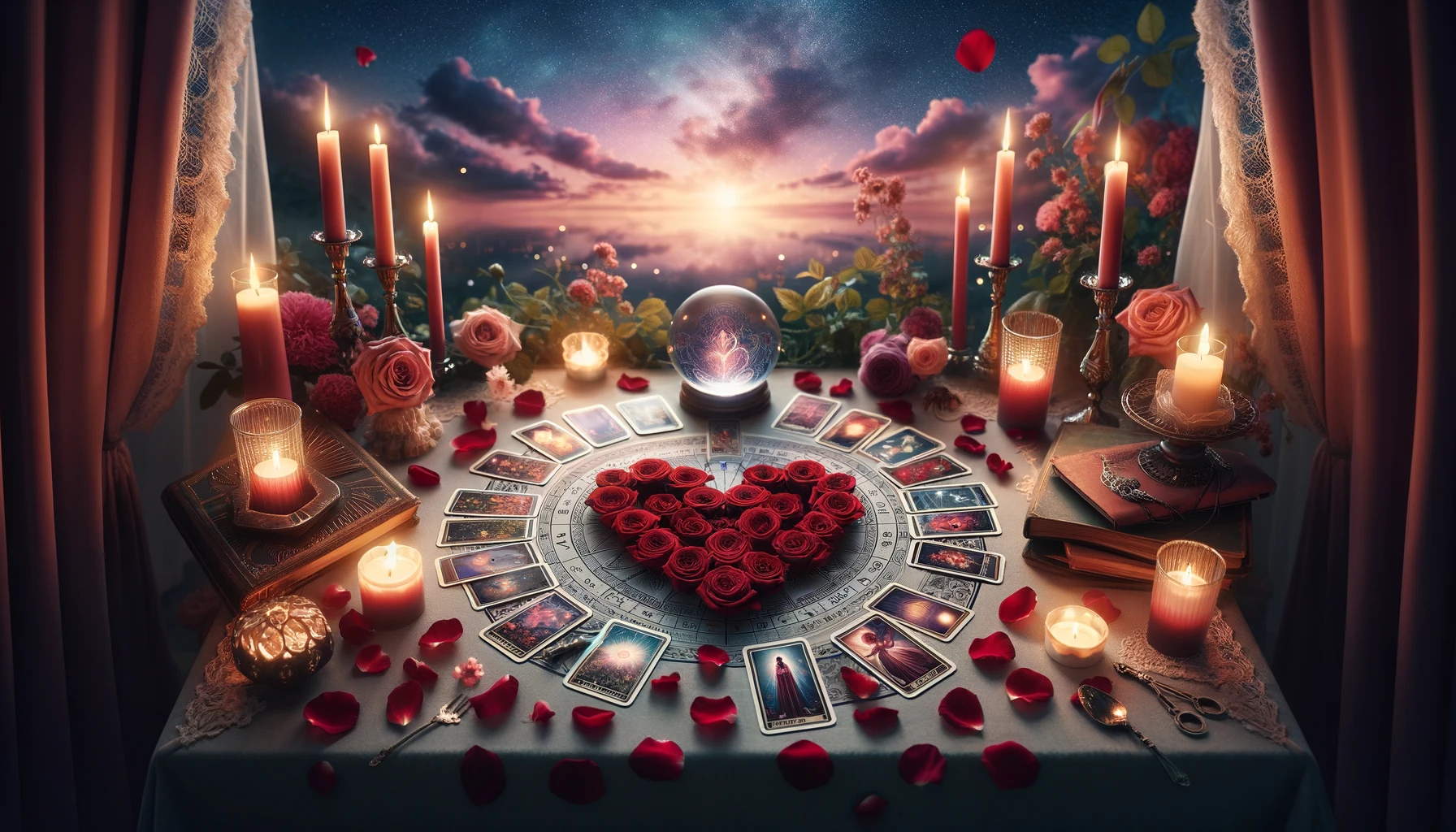 An image of a table with a heart shaped tarot spread surrounded by rose petals candles and a crystal ball set against a twilight backdrop. The tar
