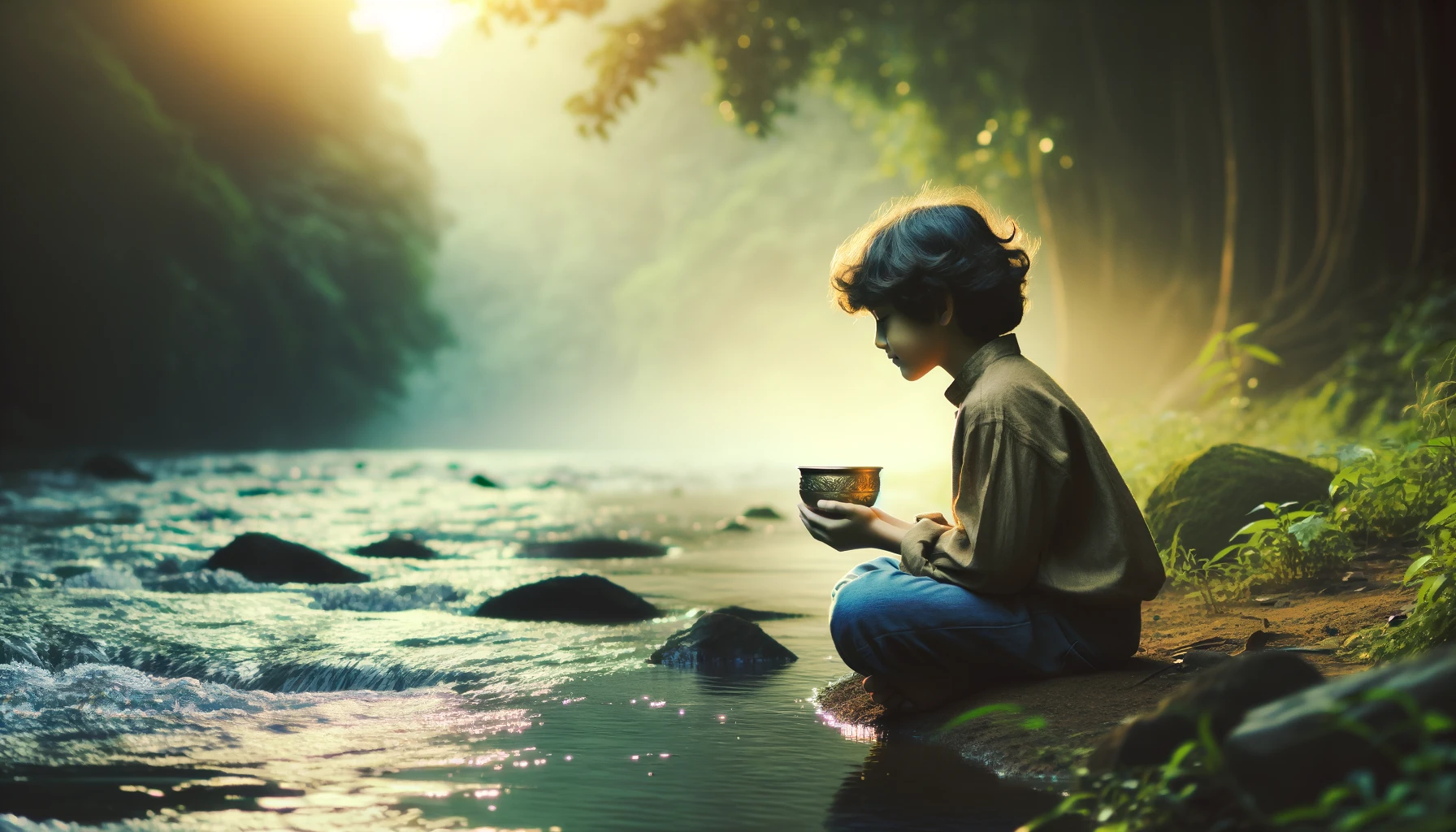 An image of a young person sitting cross legged by a calm flowing river. They are holding a golden cup gazing at it with curiosity and wonder. The y