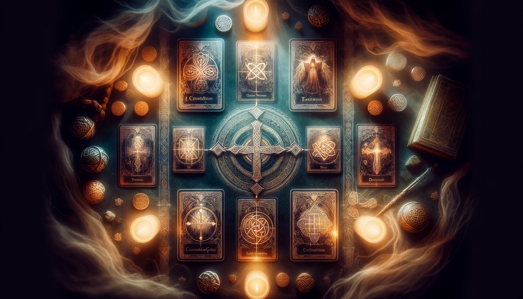 An image of an intricate Celtic Cross tarot spread highlighting the ten card positions with rich symbolism. The backdrop features ancient Celtic knot