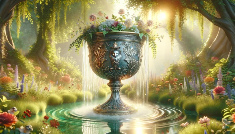 An image of an overflowing chalice intricately detailed and adorned with delicate flowers The chalice is placed in the center of a serene sunkissed garden with lush greenery and colorf