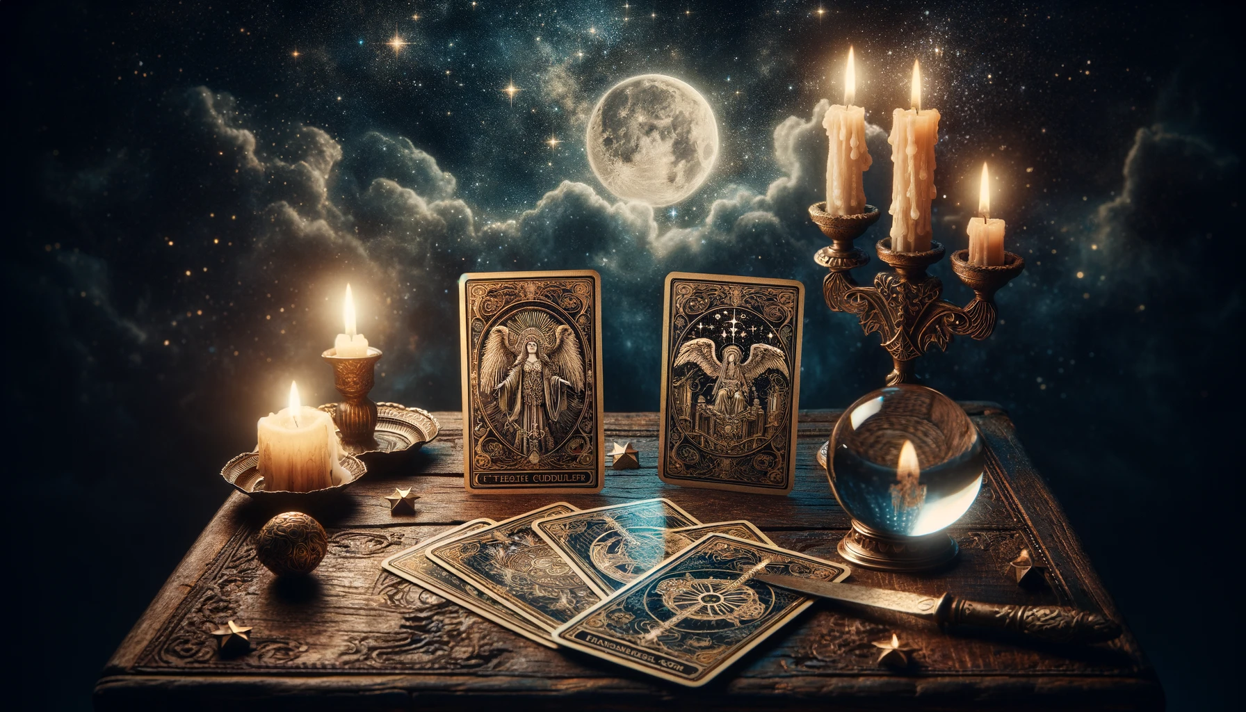An image of three ornate tarot cards fanned out on a mystical starry background. The scene includes a crystal ball and burning candles placed on an