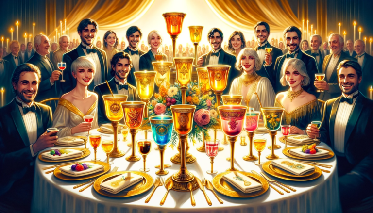 An image showcasing a beautifully set table with nine elegant golden chalices brimming with colorful tantalizing liquids. The table is surrounded b
