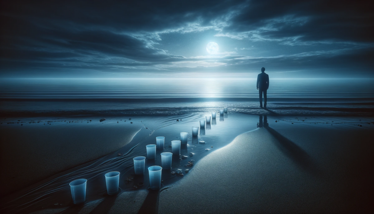 An image showcasing a desolate moonlit shoreline. A figure stands at the waters edge gazing at eight empty cups left behind on the sand symbolizin