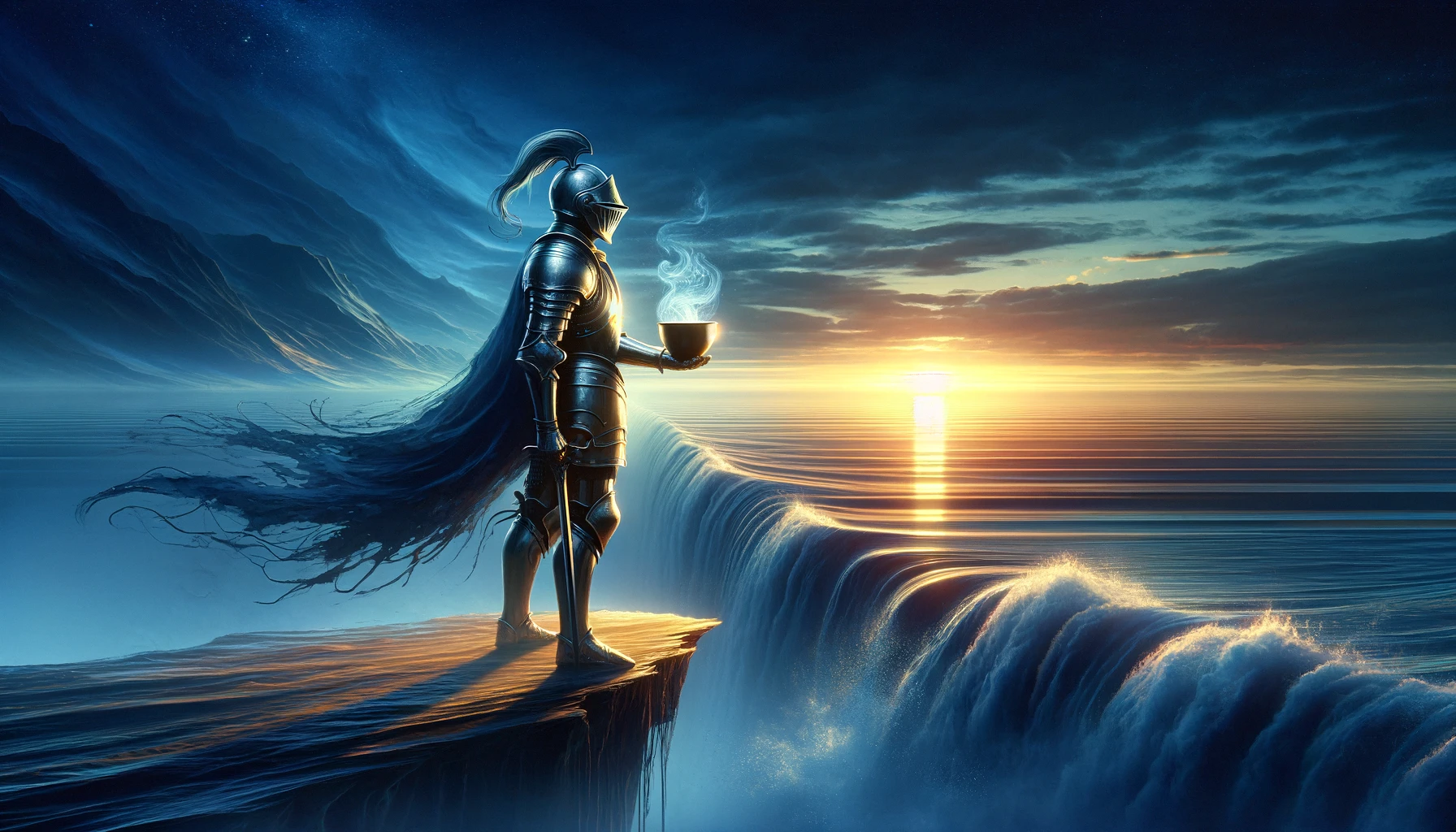 An image showcasing a knight in shining armor standing at the edge of a vast ocean holding a cup overflowing with emotions. The knight is depicted a