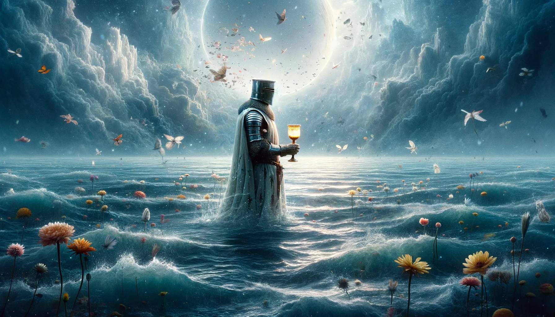 An image showcasing a knight with a chalice surrounded by a vast ocean and floating flowers representing the enigmatic and introspective nature of T