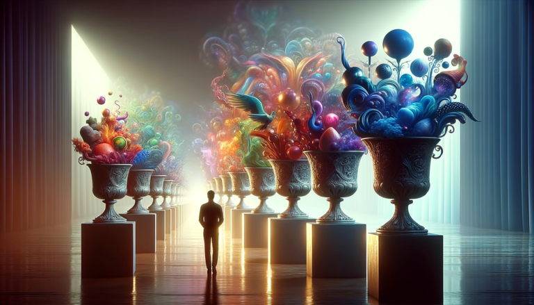 An image showcasing a mysterious ethereal scene a person stands before seven ornate cups each overflowing with vivid and surreal objects. The scene