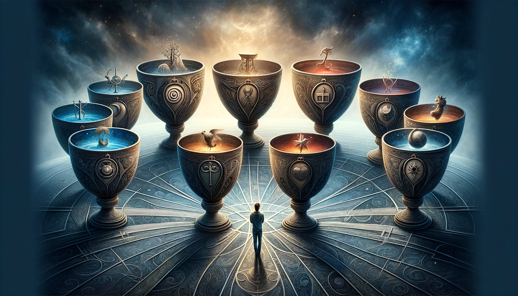 An image showcasing a person standing at a crossroads surrounded by seven ornate cups each holding a different dream or desire. The cups are display