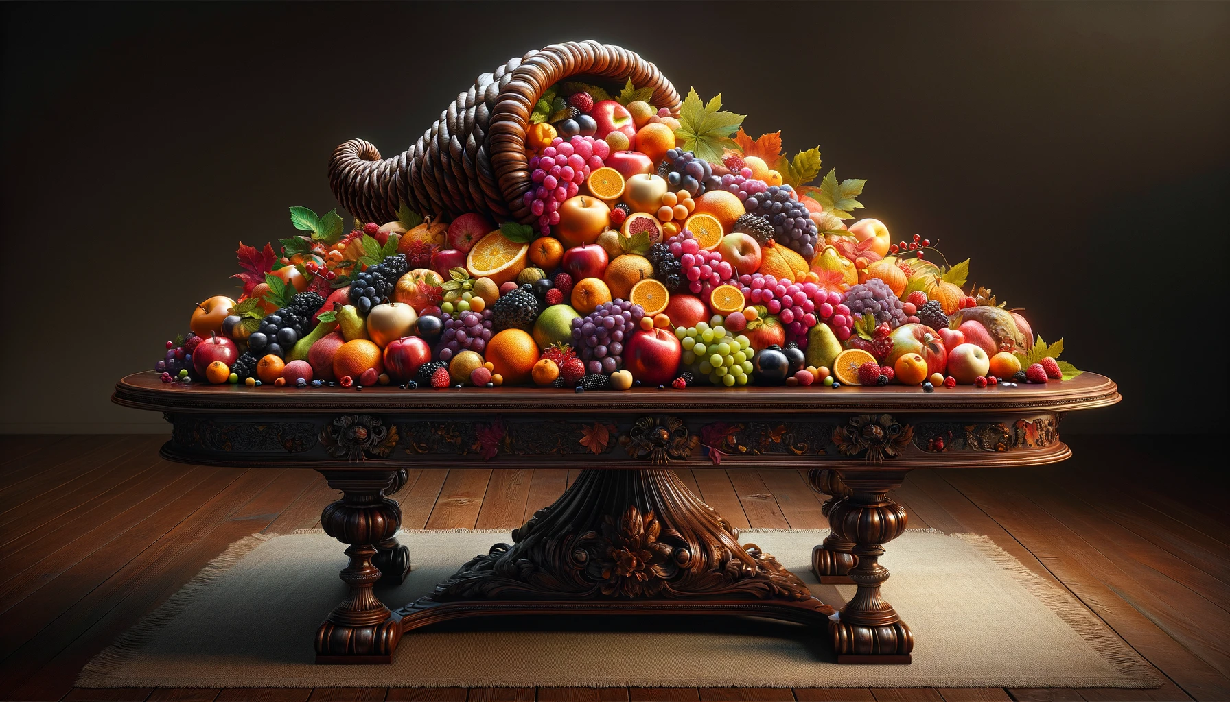 An image showcasing a richly adorned wooden table adorned with a vibrant overflowing cornucopia of various fruits symbolizing abundance and fulfill