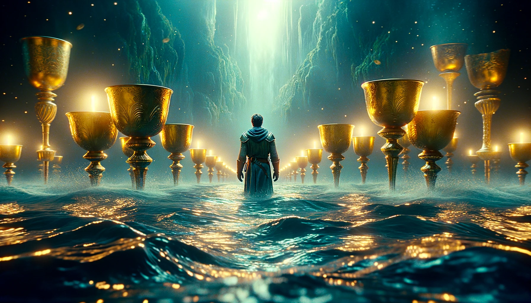 An image showcasing a solitary knight standing amidst a lush dreamlike ocean as golden cups emerge from the water symbolizing the introspective jour