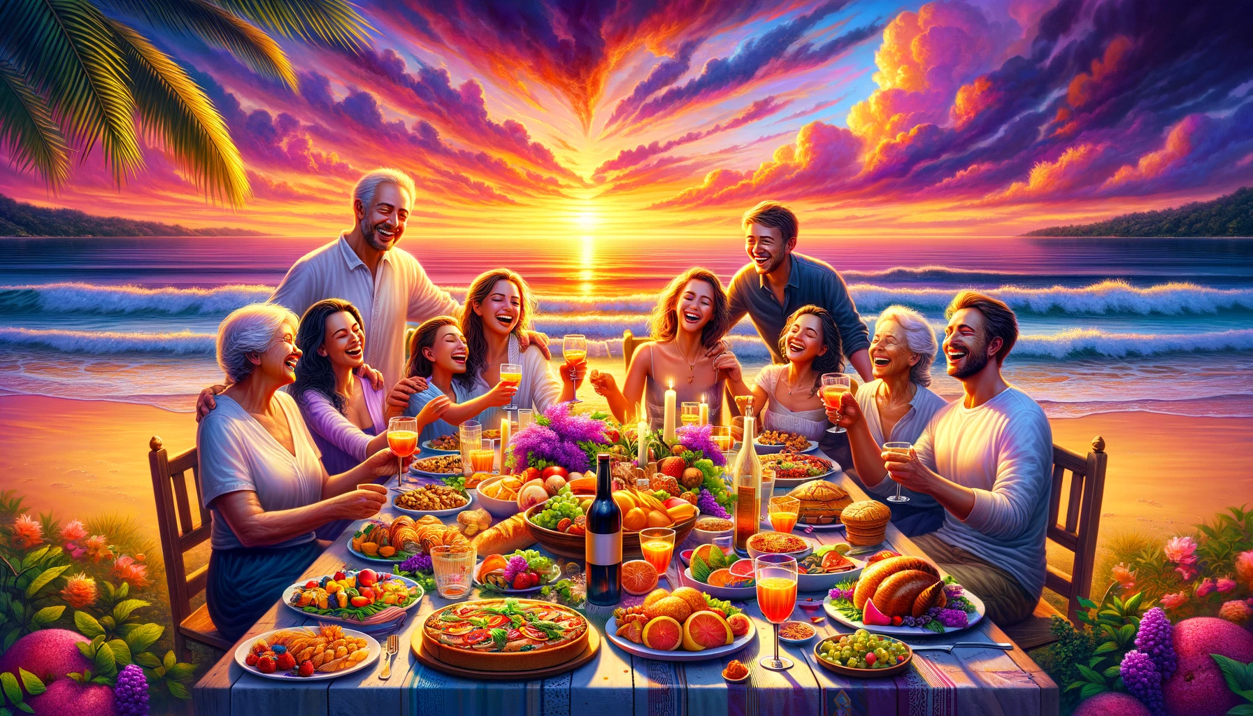 An image showcasing a vibrant sunset at a peaceful beach where a joyful family gathers around a table overflowing with delicious food and clinking gl