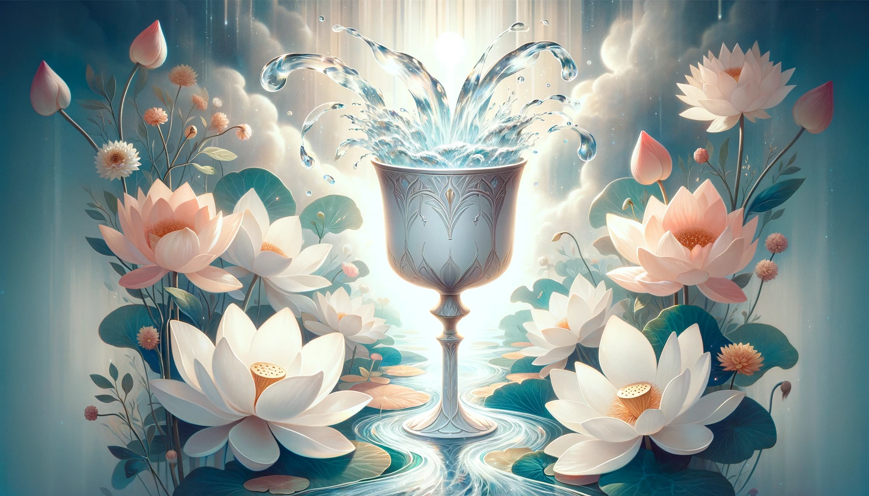 An image showcasing the Ace of Cups tarot card The central focus is a pristine white chalice overflowing with sparkling water Surround the chalice with blooming lotus flowers in soft s