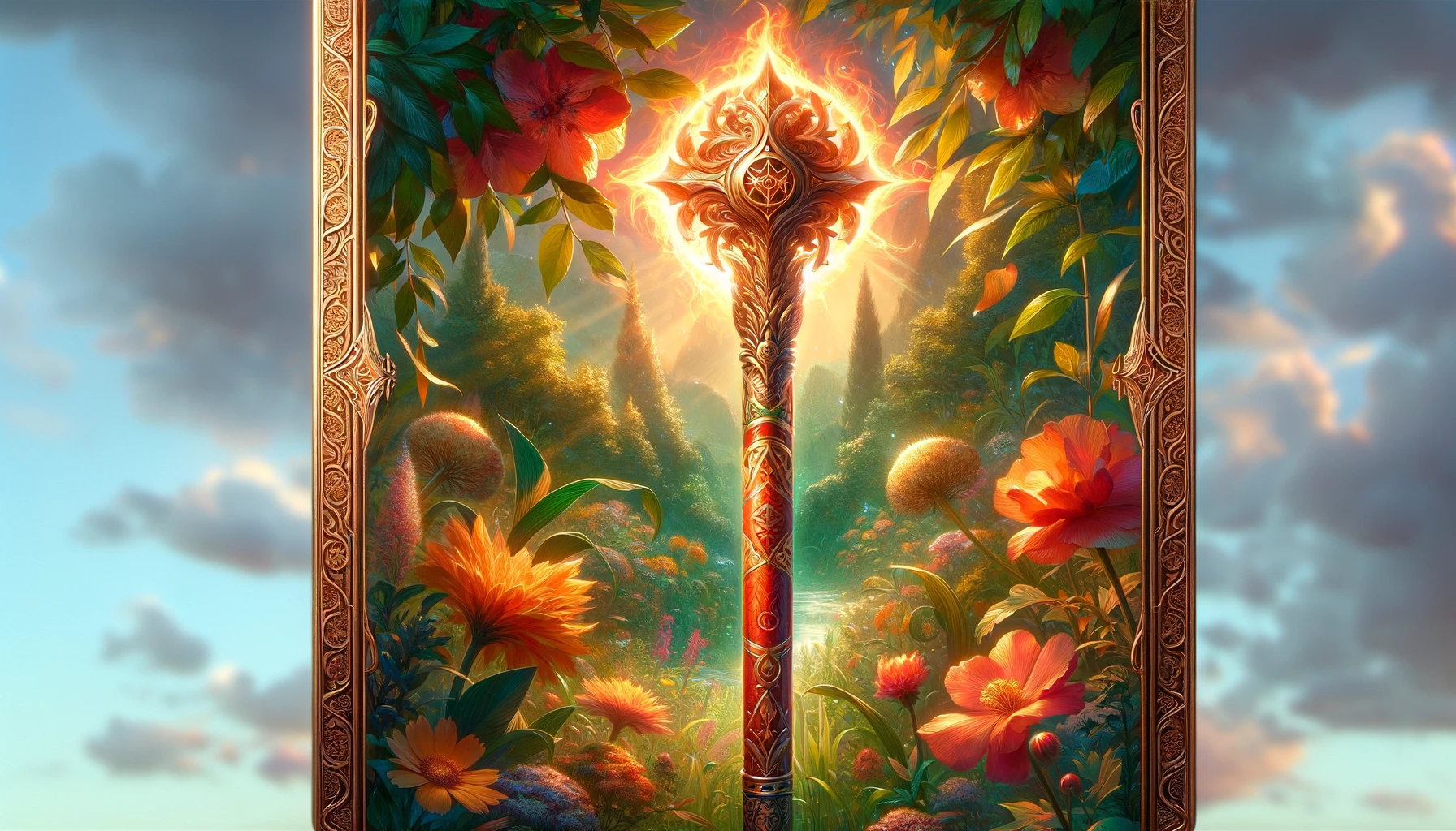 An image showcasing the Ace of Wands tarot card A vibrant fiery wand adorned with intricate carvings surrounded by a rich landscape of lush greenery and blooming flowers The wand emana