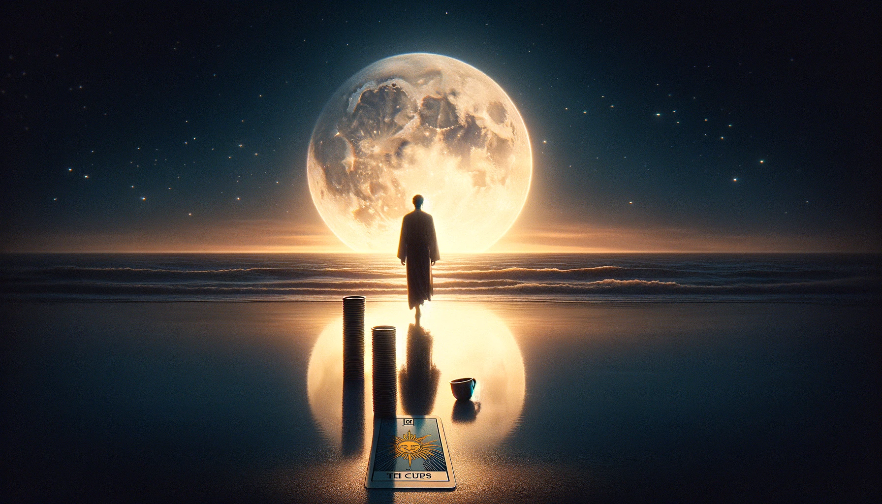 An image showcasing the Eight of Cups tarot card a solitary figure walking away from a moonlit shore leaving behind a stack of cups. The scene captu